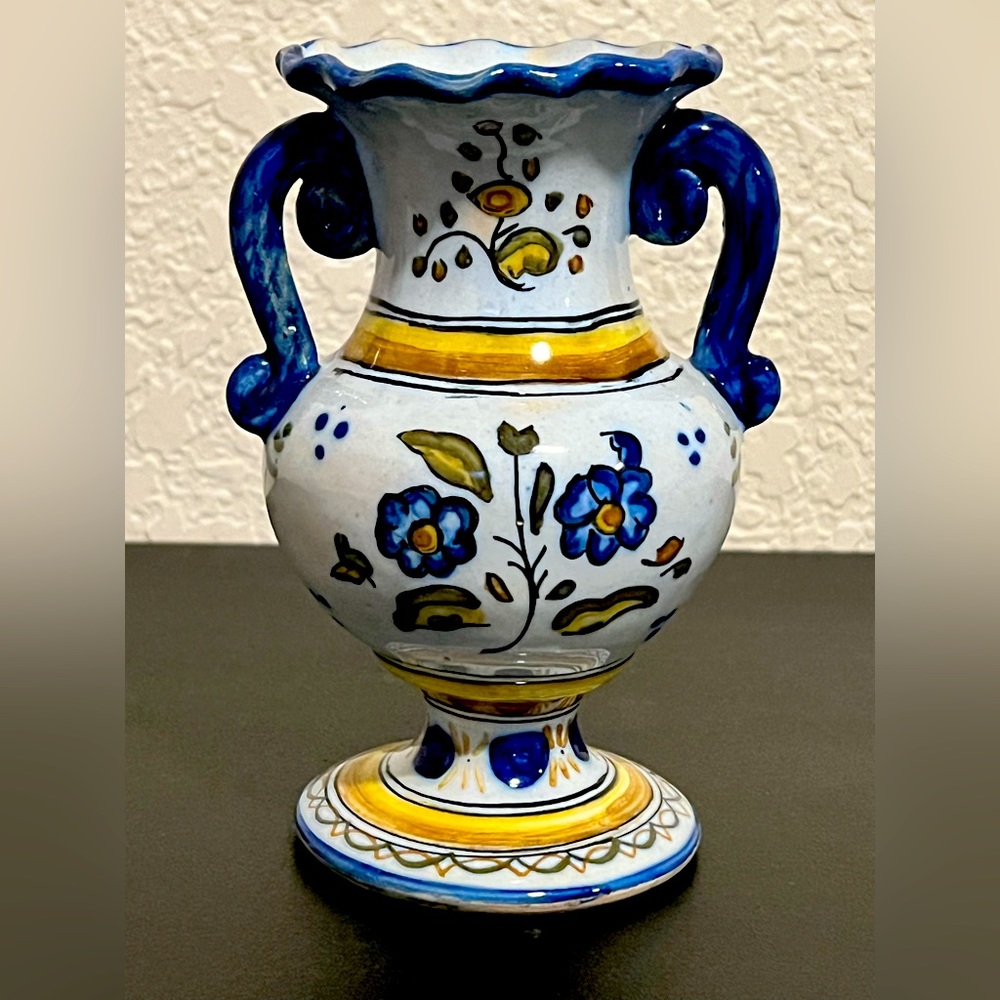 Talavera  Two Handle Vase Handpainted. Signed S.T.P. 6” Tall